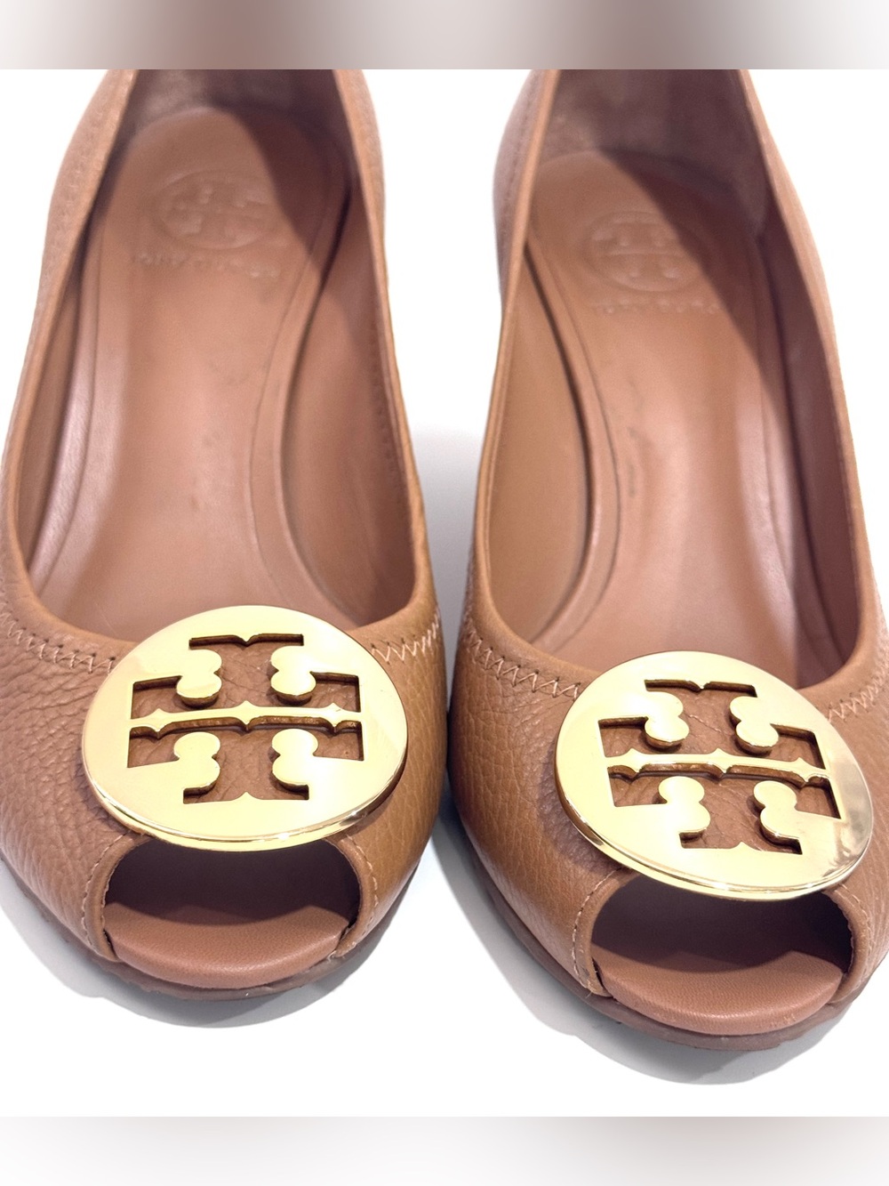 Tory Burch Sally2 Tumbled Leather, Royal Tan Peep-Toe wedges with Gold medallion